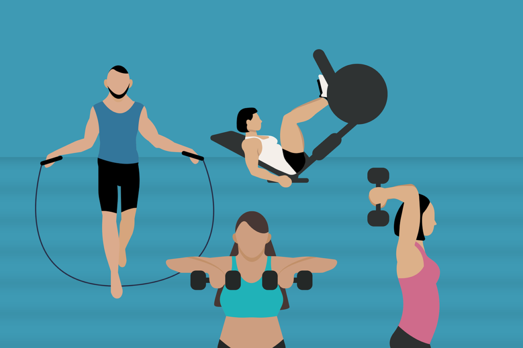 “Barbell bench press, leg extension machine, and squat exercise form correction for stronger legs”